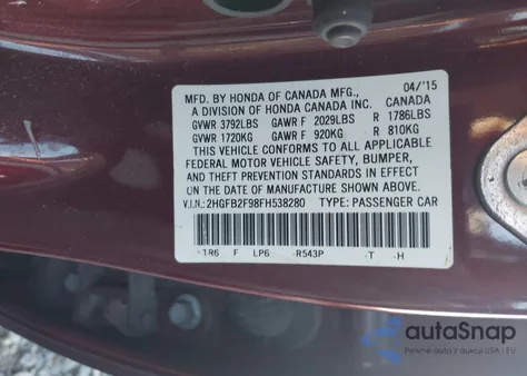 2015 Honda Civic Ex-L from USA, damaged, VIN 2HGFB2F98FH538280